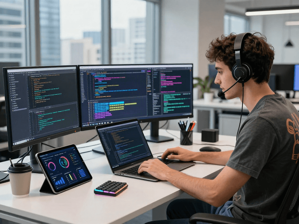 Développeur dans un bureau moderne avec un ordinateur portable, montrant le code Atlas pro