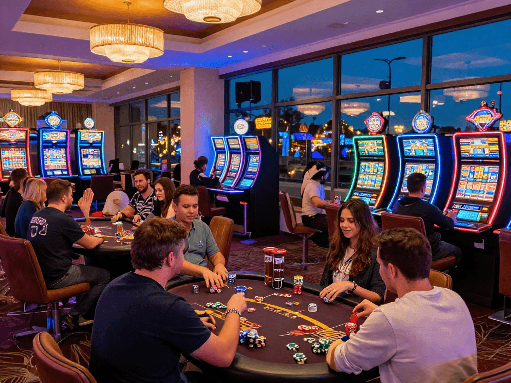 Scène de casino en ligne avec des joueurs joyeux célébrant leurs gains, ambiance animée et lumineuse.