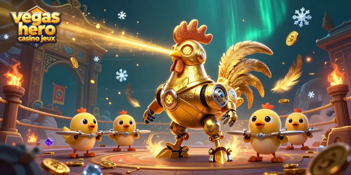 Plonger dans l'univers des jeux avec vegas hero casino jeux, le robot coq doré illuminant le monde du casino.