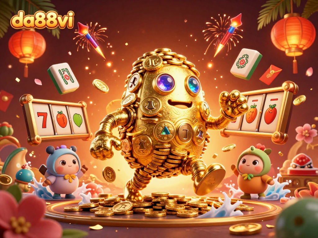 Engage with da88vi's thrilling casino experience featuring a lush golden golem amidst festive symbols.