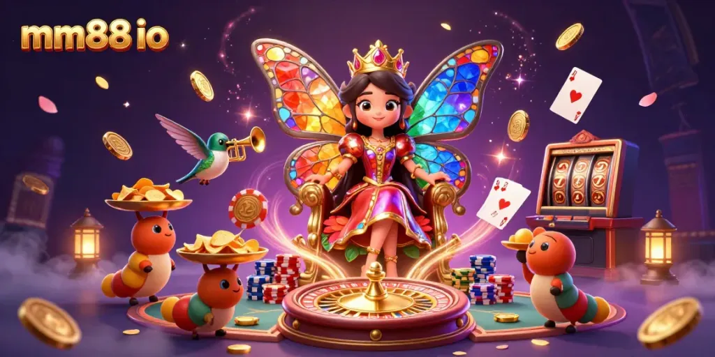 Experience exciting gameplay with mm88 io featuring a colorful butterfly queen in a vibrant casino scene.
