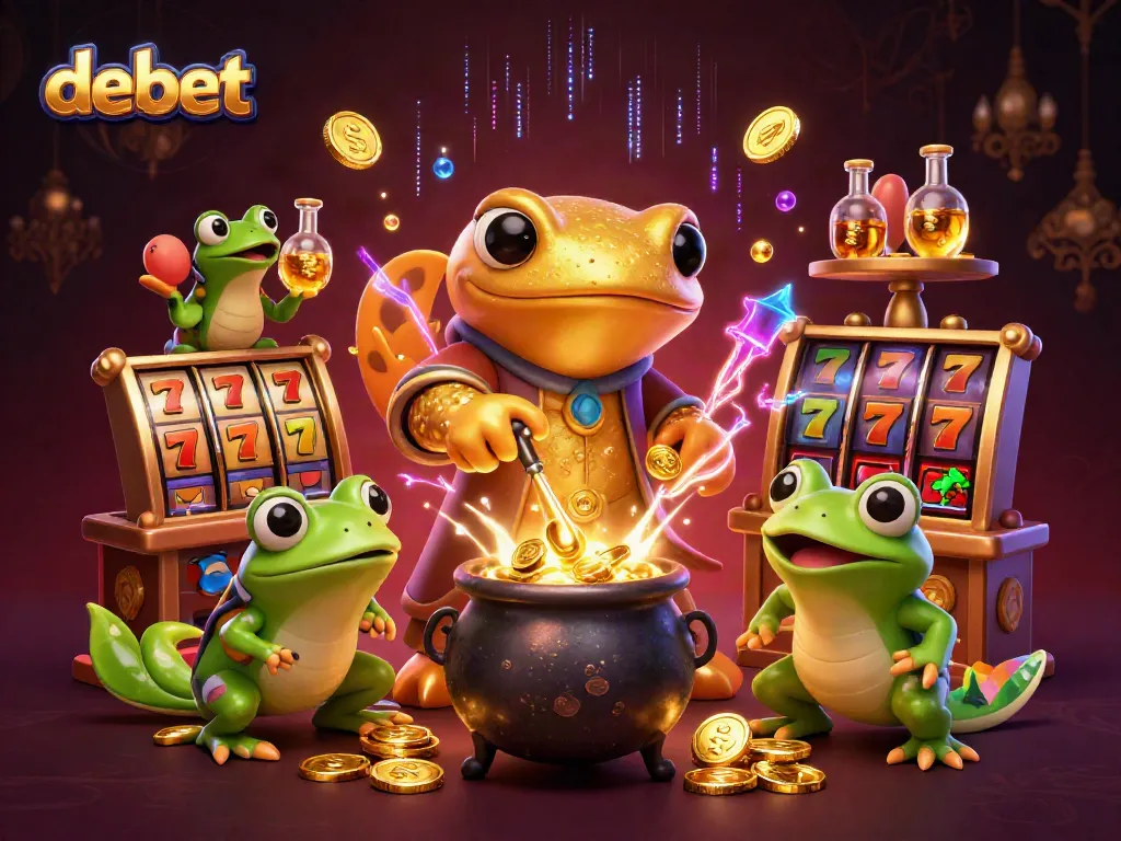 Bet big with debet’s 3D digital illustration featuring casino elements like slot reels and golden coins.