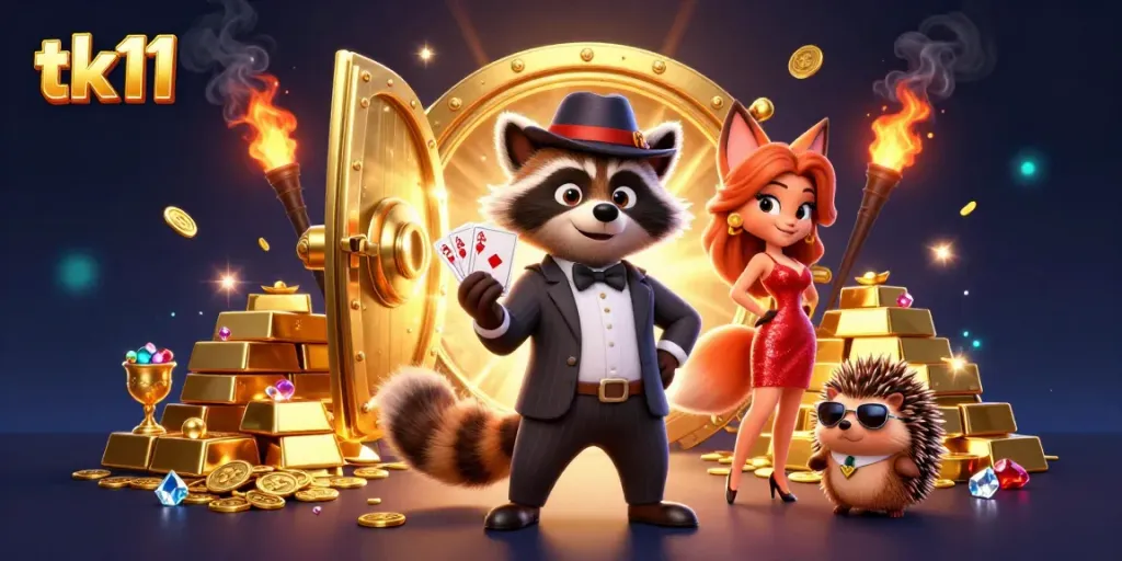 tk11 gaming action features a suave raccoon and fox amid treasure in a lively casino setting