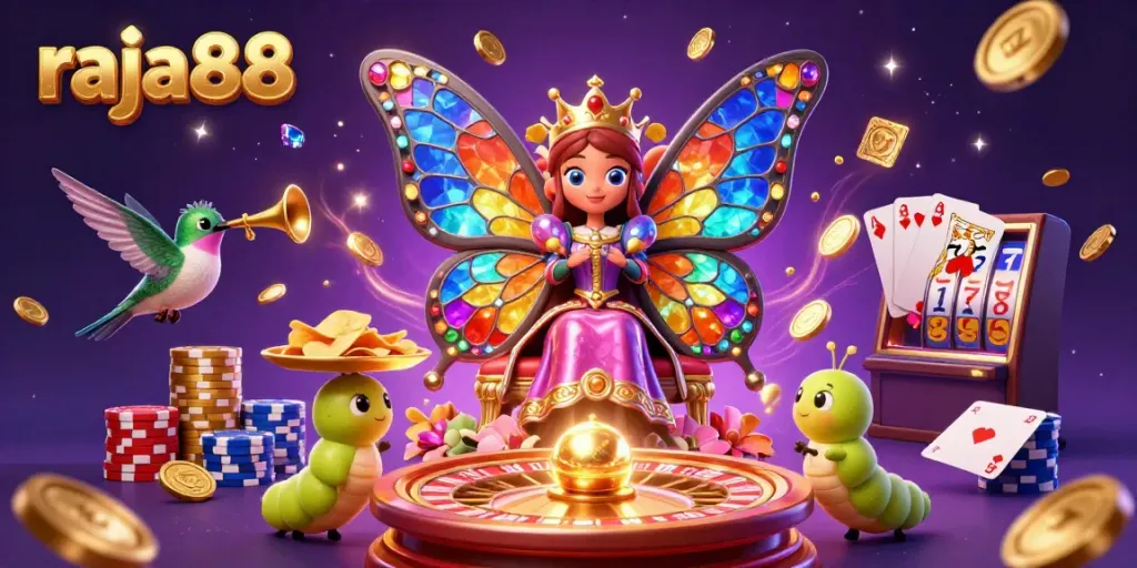 Experience the excitement of raja88 with a vibrant casino scene featuring a whimsical butterfly queen and vibrant casino elements.