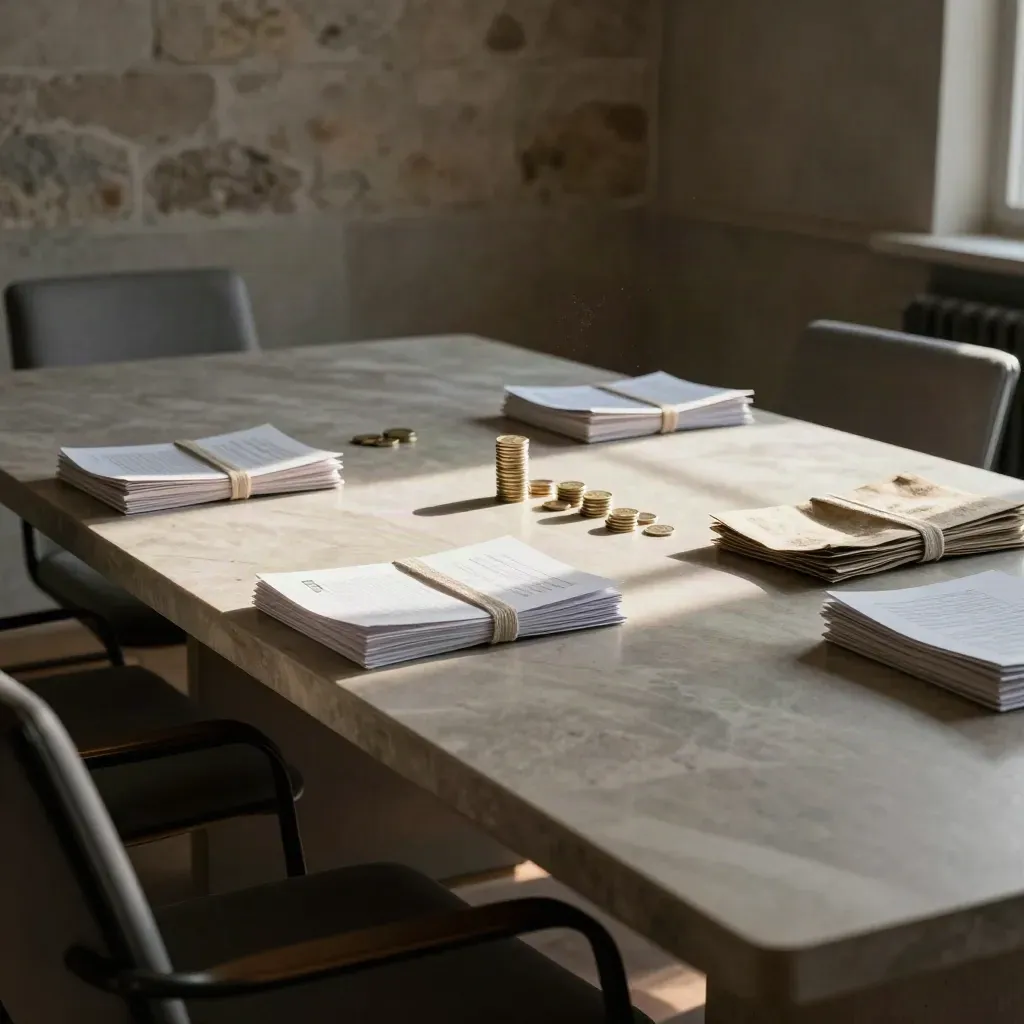 Salle de finances à Luxembourg, table longue, liasses fermées et pièces, lumière de fin d’après-midi.