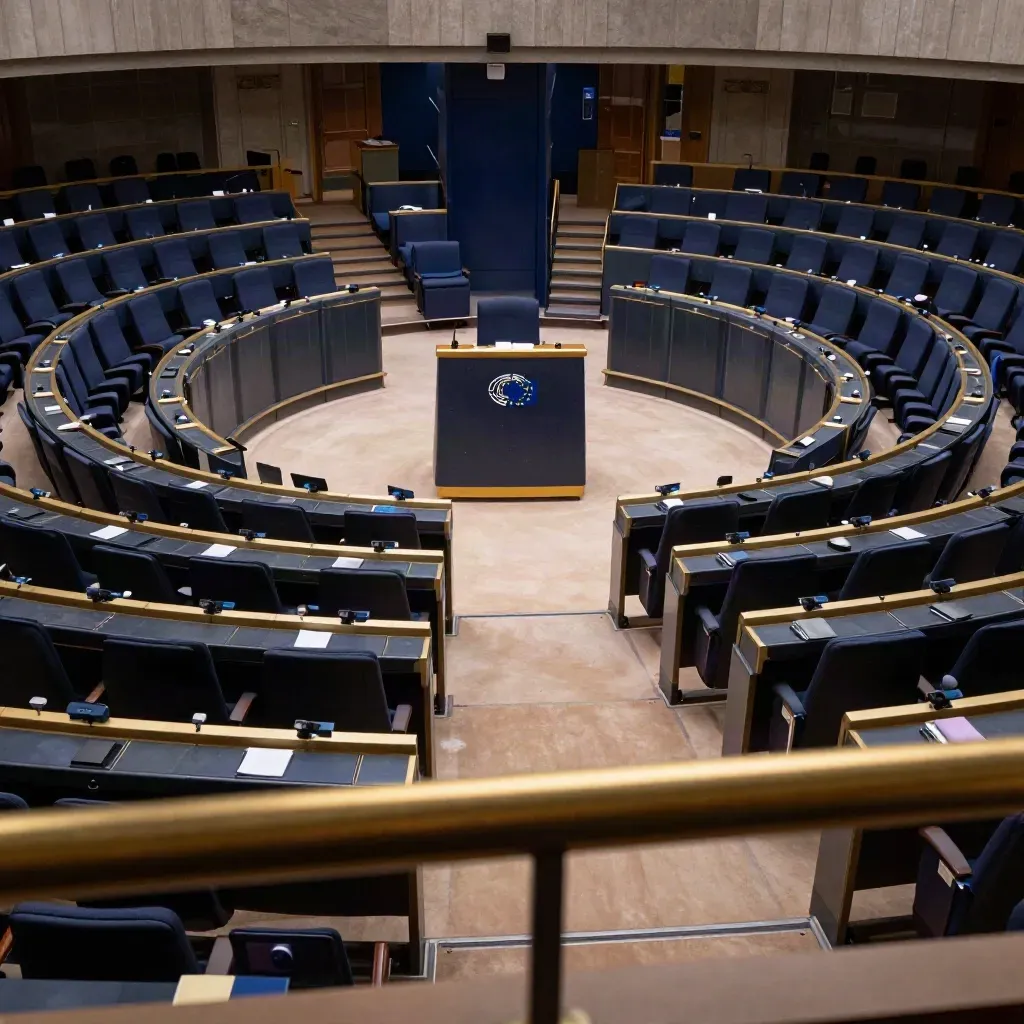 Hémicycle du Parlement européen vide, sièges bleus relevés après le vote.