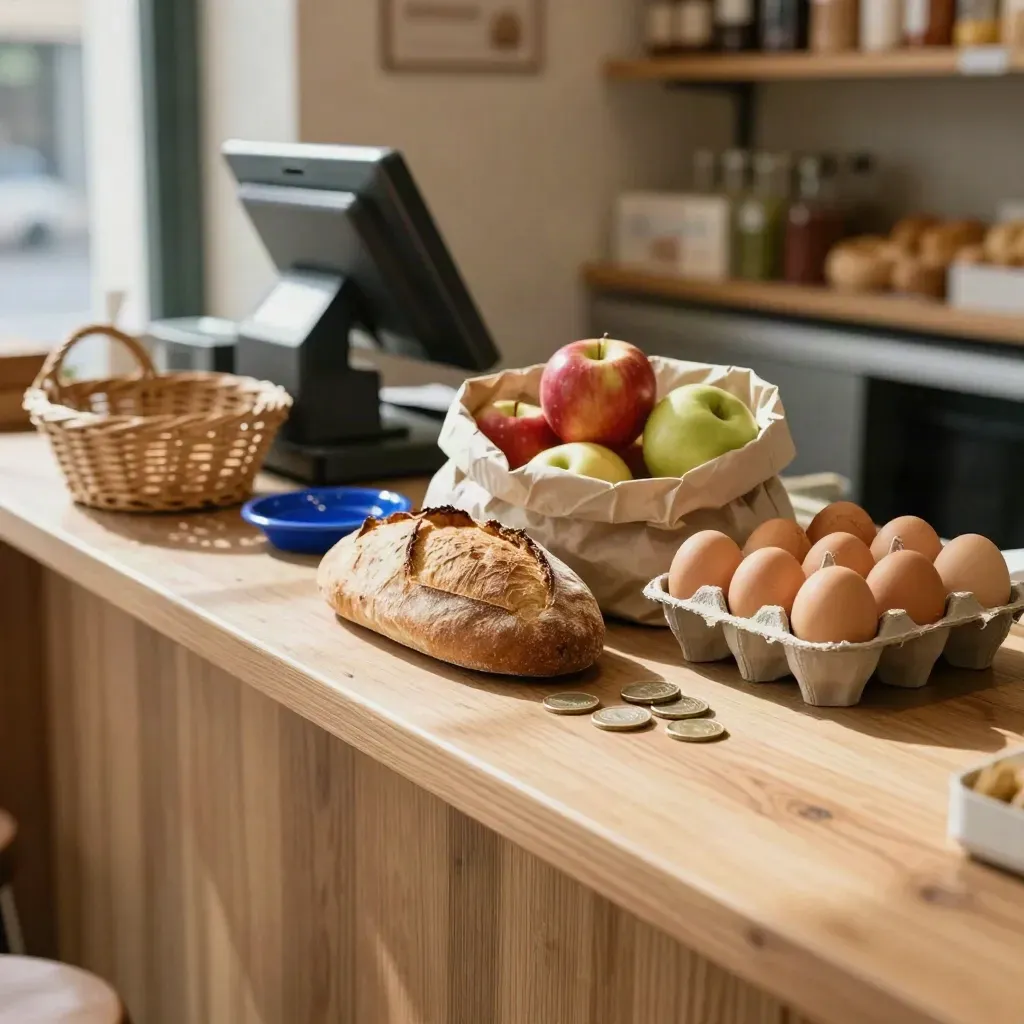 Comptoir d’épicerie avec pain, pommes, œufs, pièces et panier vide sous une lumière chaude.