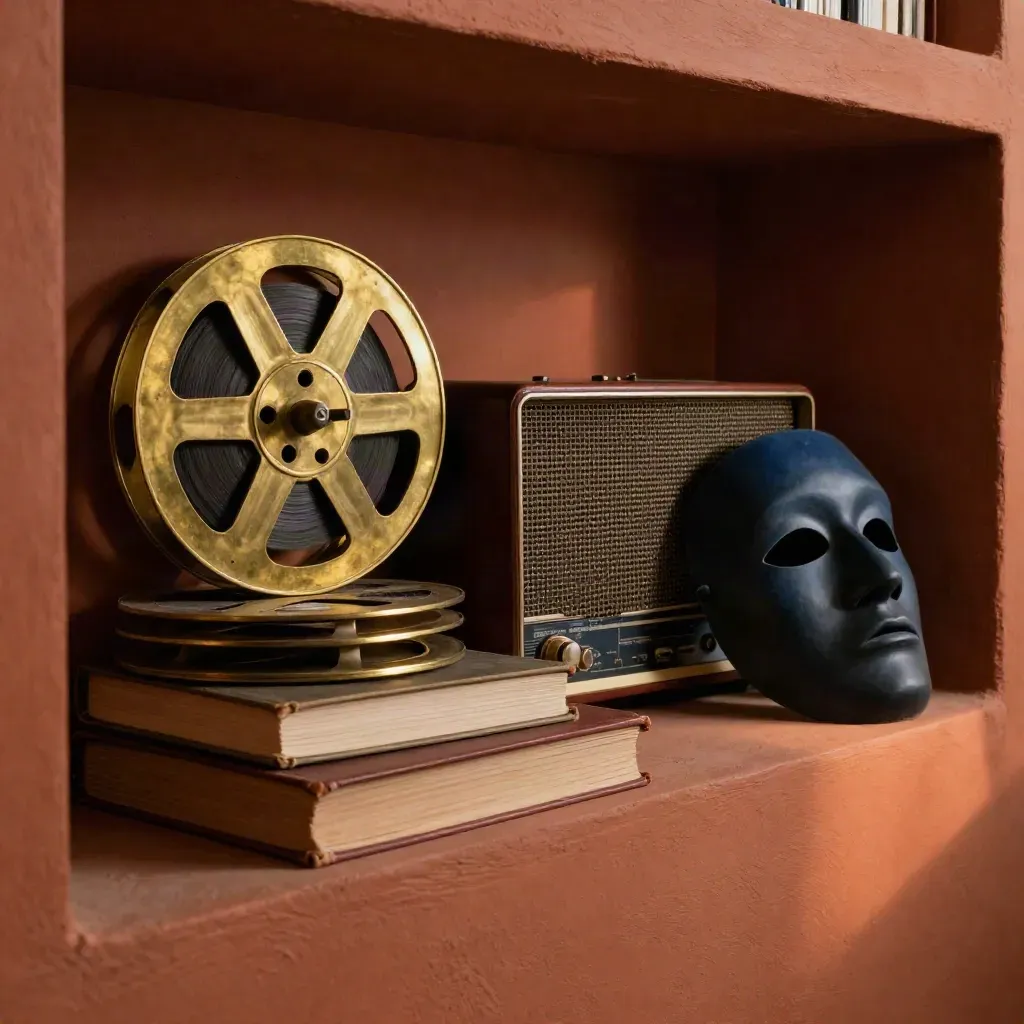 Atelier culturel européen avec bobines de film, livres, radio et masque de scène dans la pénombre.