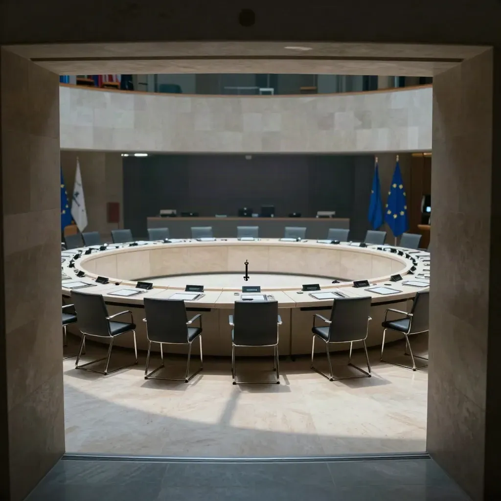 Salle vide du Conseil européen, table circulaire et drapeaux flous dans une lumière dramatique.
