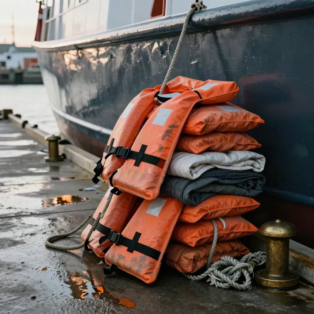 Quai maritime humide avec gilets de sauvetage empilés, cordages et coque sombre au petit matin