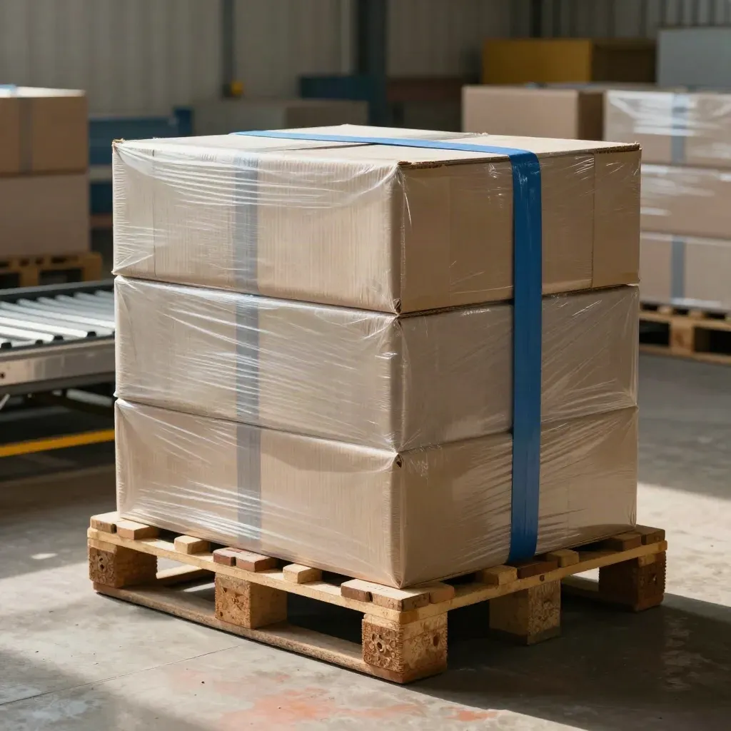 Caisses scellées et convoyeurs gris dans un terminal logistique, vue basse et dynamique.