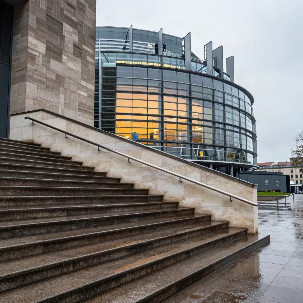 Façade mouillée du Parlement européen à Strasbourg vue du bas des marches après la pluie.
