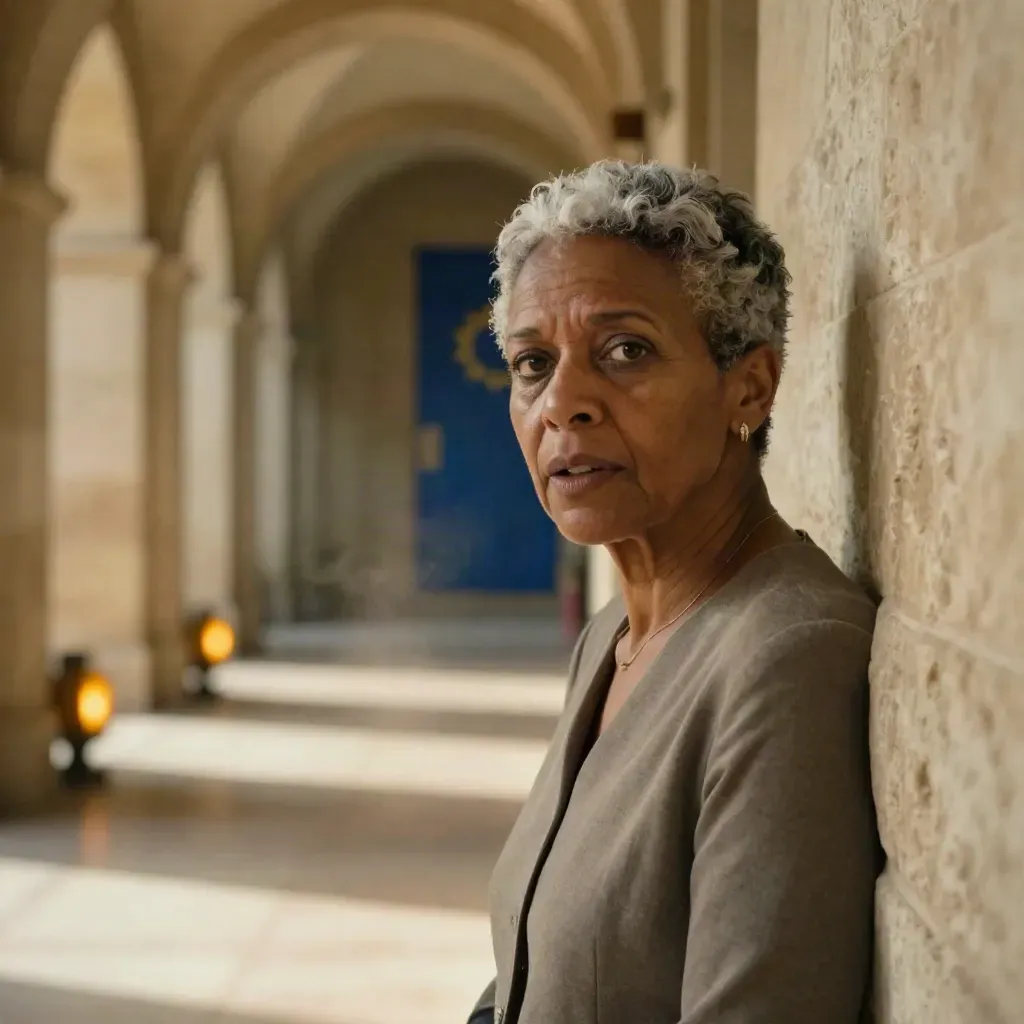 Une eurodéputée brune dans un couloir de pierre, lumière d’après-midi et accent bleu Europe.