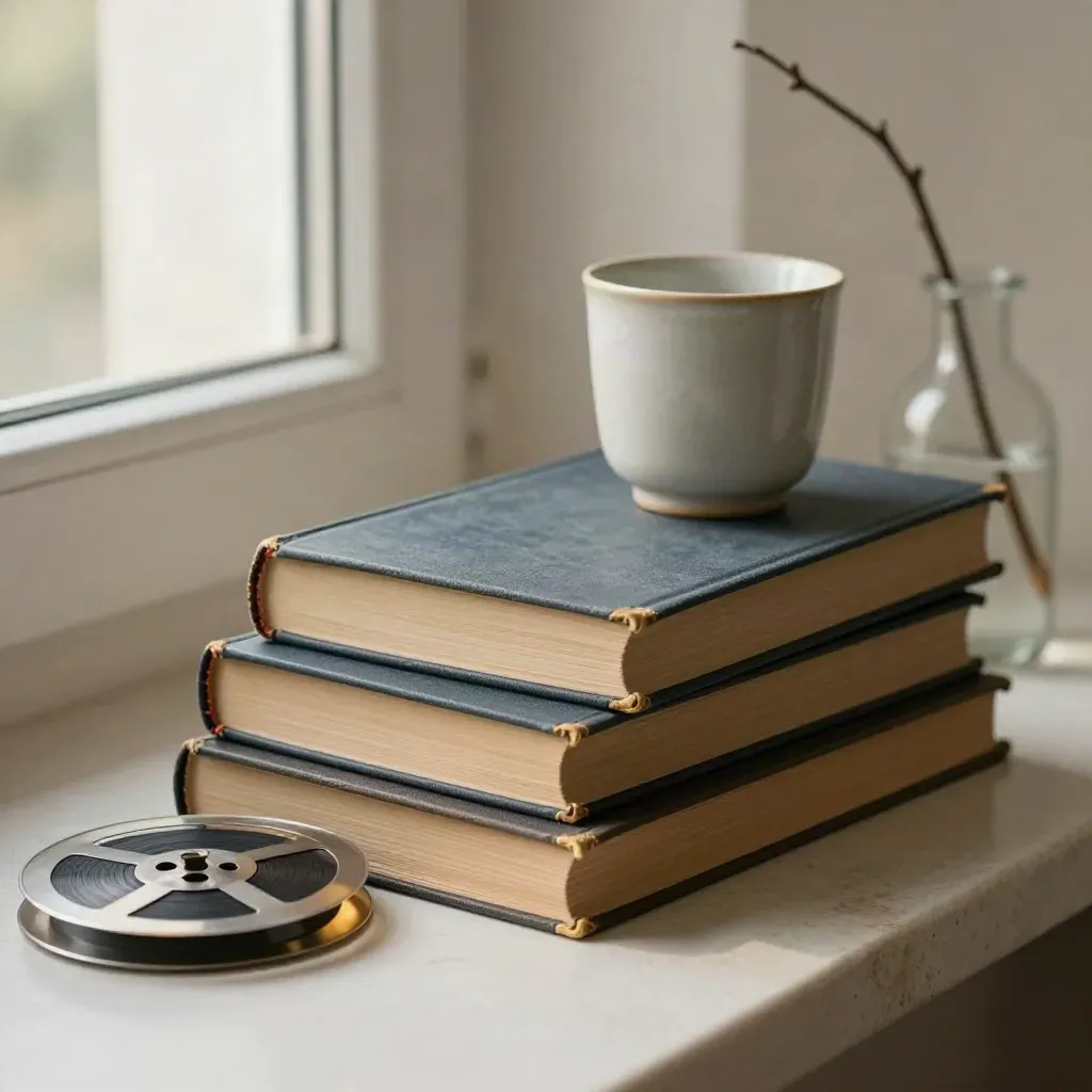 Trois livres reliés, une bobine de film, une tasse claire et une branche dans une scène éditoriale.