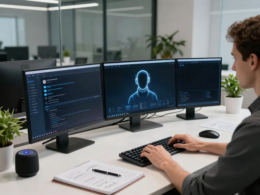 A developer engaged in uncensored AI chat at a high-tech workspace with multiple monitors and a modern setup.