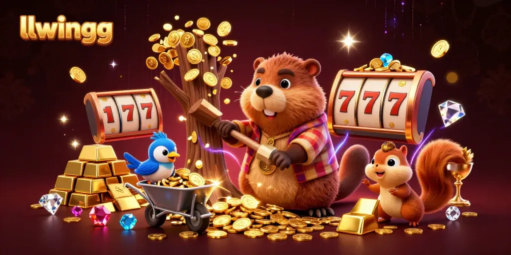 Win big with llwingg while exploring vibrant slots and classic casino elements in a magical 3D fantasy scene.