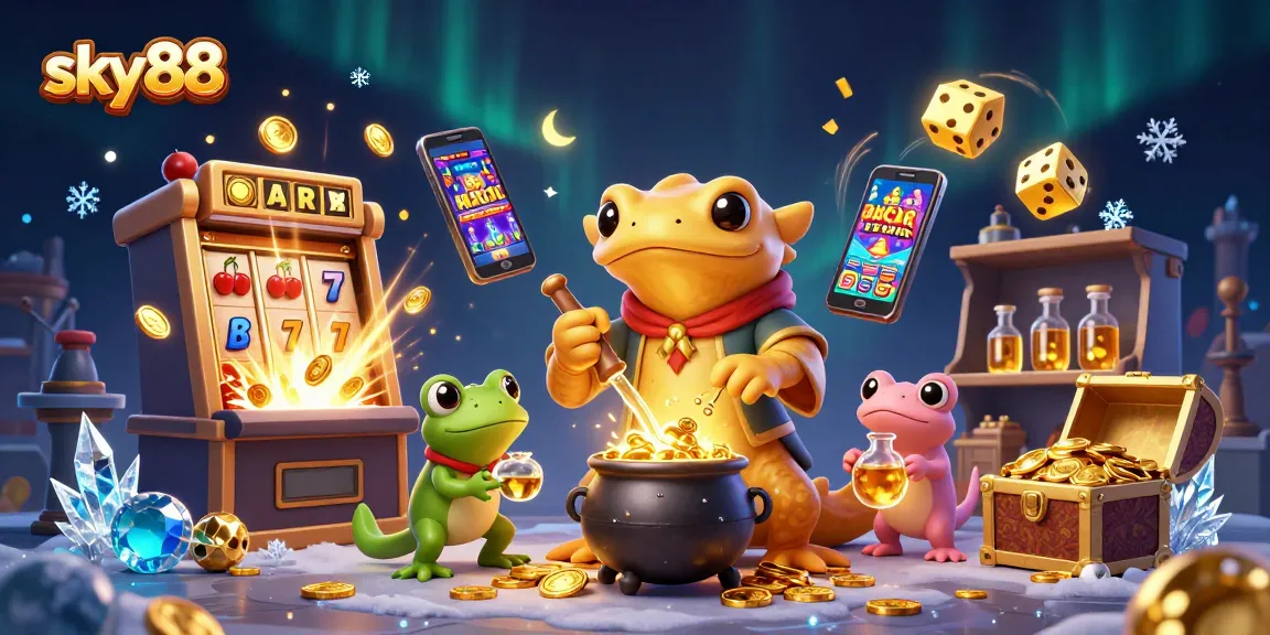 Experience excitement and wins with sky88, featuring golden alchemists, gaming elements, and enchanting visuals.