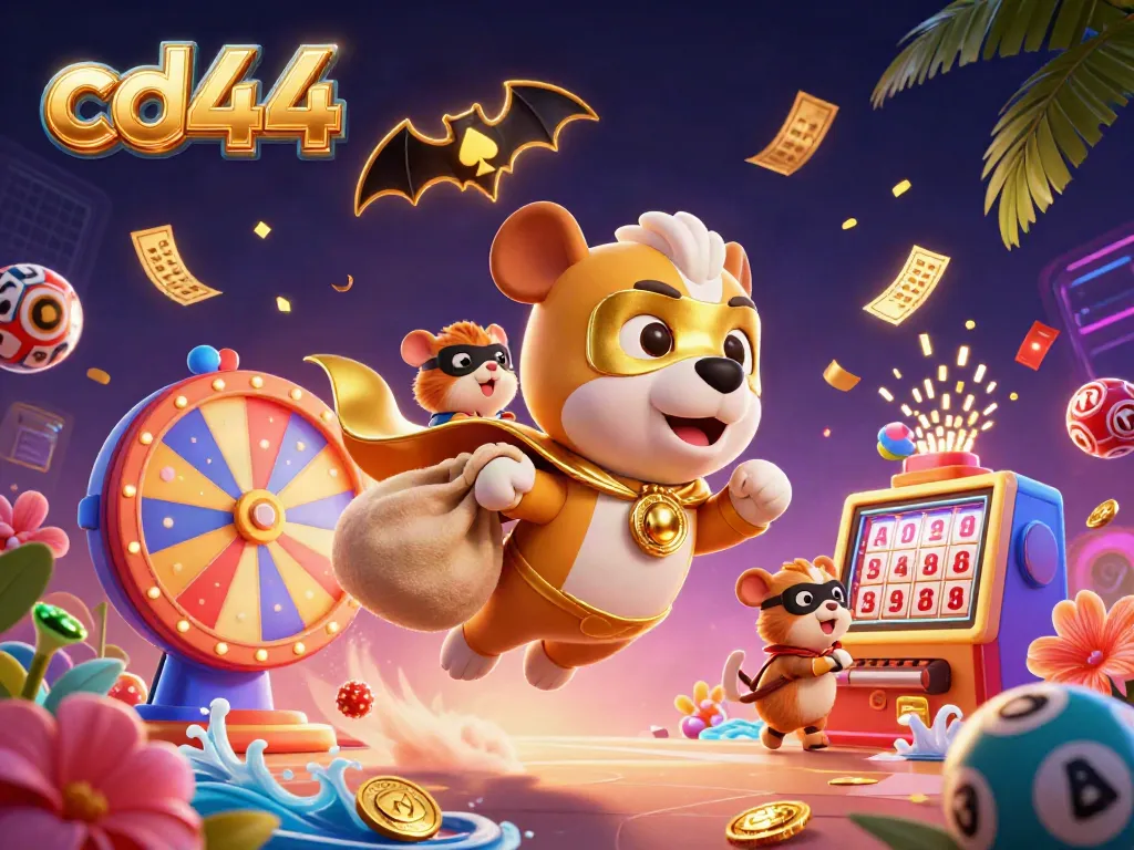 Experience the excitement of cd44 with a superhero dog flying through a vibrant casino scene.